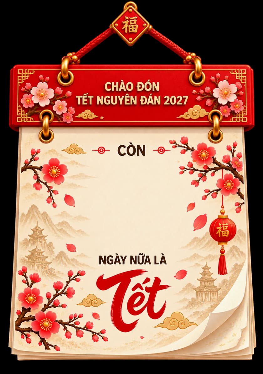 Tấm lịch Tết Đinh Mùi 2027 với hoa đào và câu chúc năm mới
